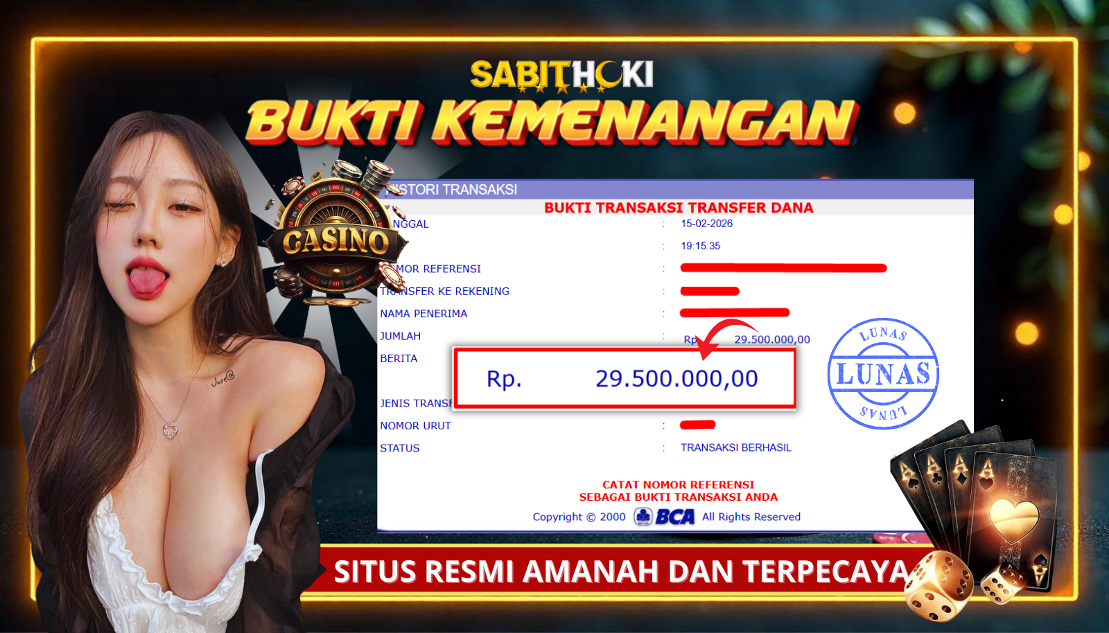 SELAMAT KEPADA MEMBER SETIA SABITHOKI BERHASIL JACKPOT DI PERMAINAN CASINO ( BACCARAT )